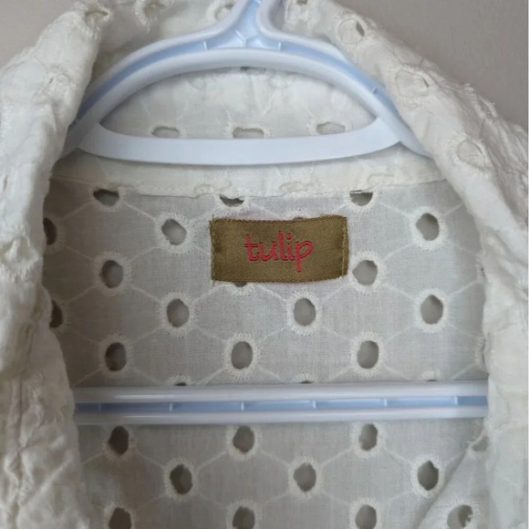 Tulip White Eyelet Button Down Collar Long Sleeve Shirt 100% Cotton Women Small - Picture 6 of 13